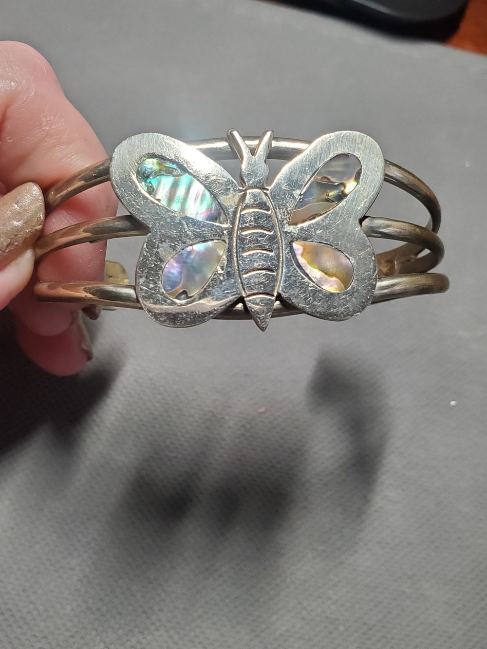 Vintage Mexico Alpaca Silver Albalone Butterfly Cuff Bracelet Southwestern Boho